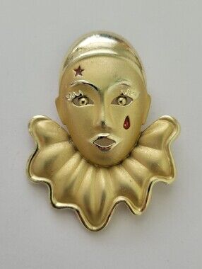 Vintage Clown Brooch Pin Pierrot Harlequin Mask Red Tear Star drop Gold Tone